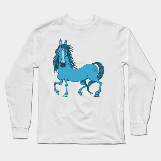 blue horse with red eyes Long Sleeve T-Shirt by duxpavlic